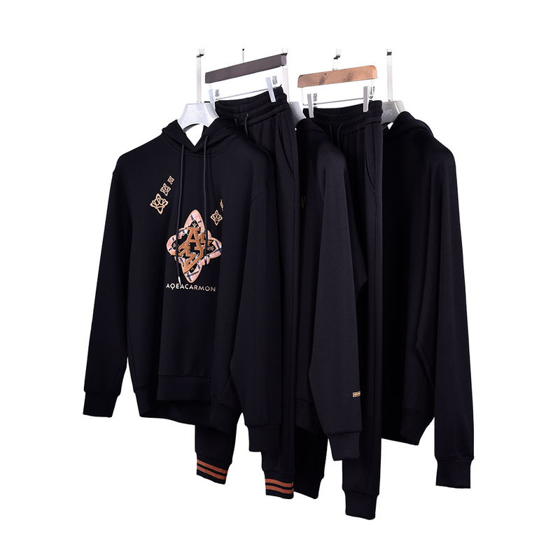 Logotipo personalizado Color de los hombres con capucha y pantalones Conjunto 100% de algodón Medios trajes para su ropa