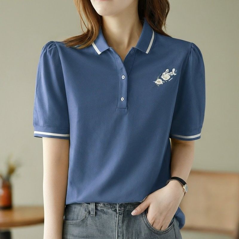 Camisetas de polo de algodón de verano para mujeres de color personalizado azul blanco bordado con impresión puff