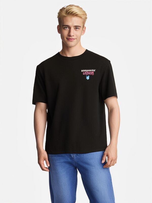 Camiseta negra y blanca de hombre con hombros caídos y peso pesado con bordado y estampados de logotipo personalizados de fábrica en oferta