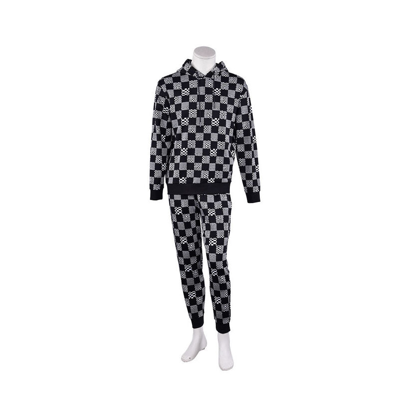 Conjunto de chándal de rizo para hombre con capucha y pantalones de chándal de tablero de ajedrez, estilo deportivo y urbano