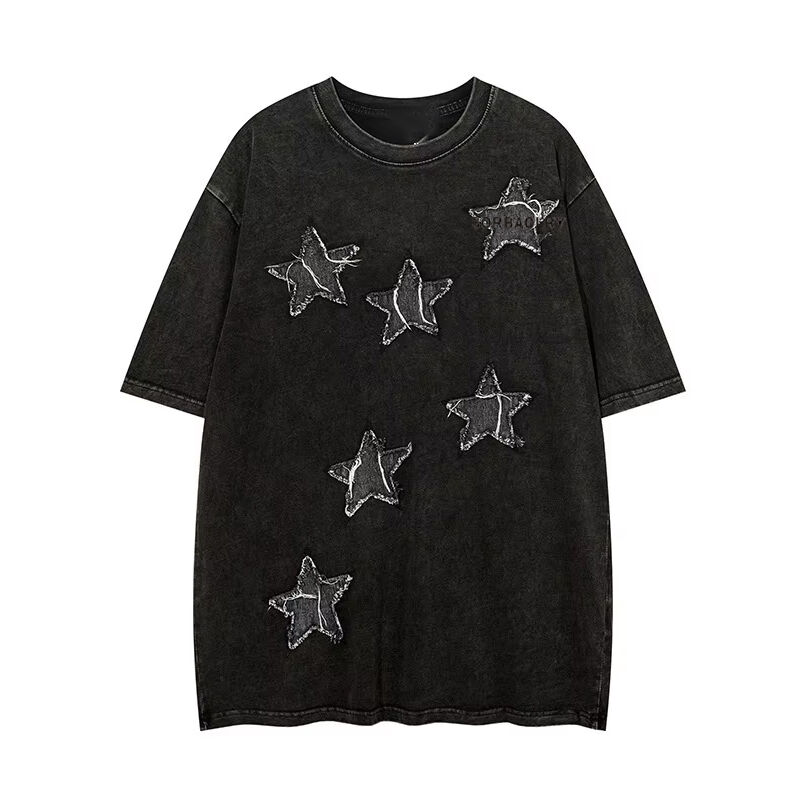 Camiseta de cuello redondo de streetwear de alta calidad con parches aplicados, bordados y lavado ácido, estilo vintage