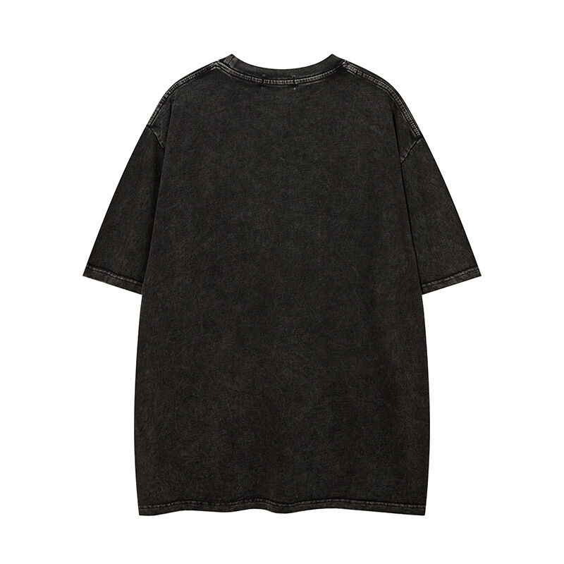 Camiseta de cuello redondo de streetwear de alta calidad con parches aplicados, bordados y lavado ácido, estilo vintage