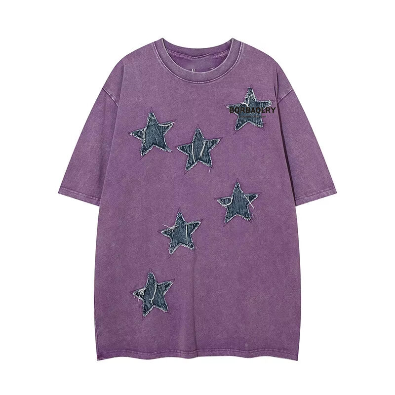 Camiseta de cuello redondo de streetwear de alta calidad con parches aplicados, bordados y lavado ácido, estilo vintage