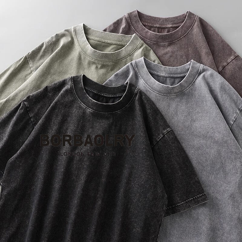 Camiseta de algodón de alta calidad con lavado ácido y logo personalizado, estampado digital retro mineral, camiseta vintage de gran peso