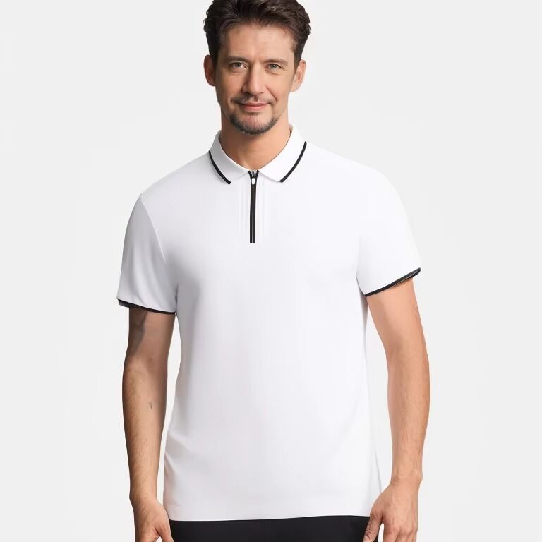 Camiseta de golf polo de algodón para hombre, manga corta con media cremallera, estilo tejido transpirable con decoración de botones de alta calidad