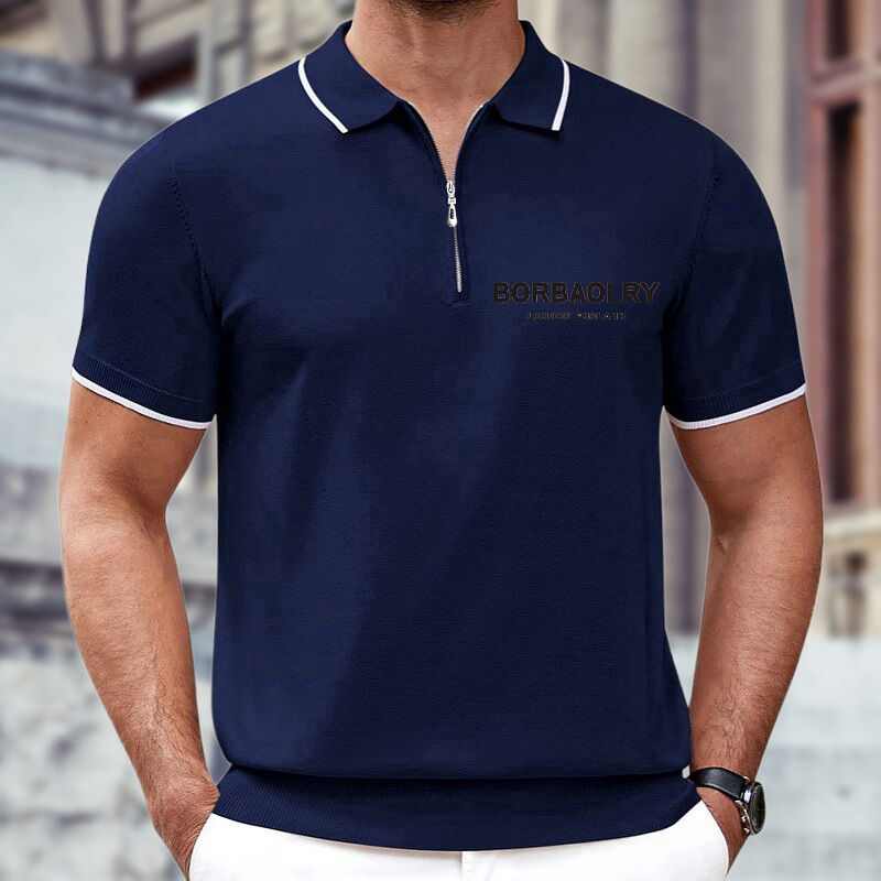 Camisa Polo de Negocios Casual de Verano para Hombre Estilo Europeo, Tejido de Algodón, Patrón de Punto Sólido con Cuello de Solapa con Cremallera