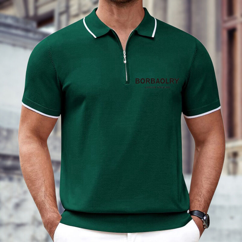 Camisa Polo de Negocios Casual de Verano para Hombre Estilo Europeo, Tejido de Algodón, Patrón de Punto Sólido con Cuello de Solapa con Cremallera